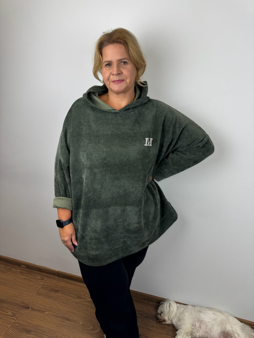Italia nr.IV - Bluza oversize jednokolorowa z kapturem ala sztruks - wł. - 27771 - oliwka