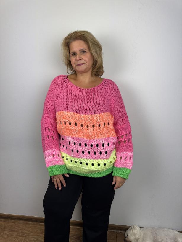 Italia nr IV - Sweter neonowe pasy - 25295 - rożowy