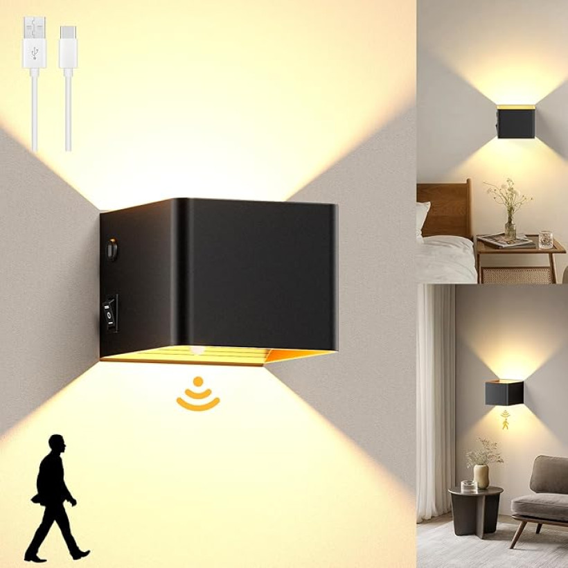 BENMA Akumulatorowa lampa ścienna LED z czujnikiem ruchu, 4000 mAh, lampa ścienna wewnątrz,