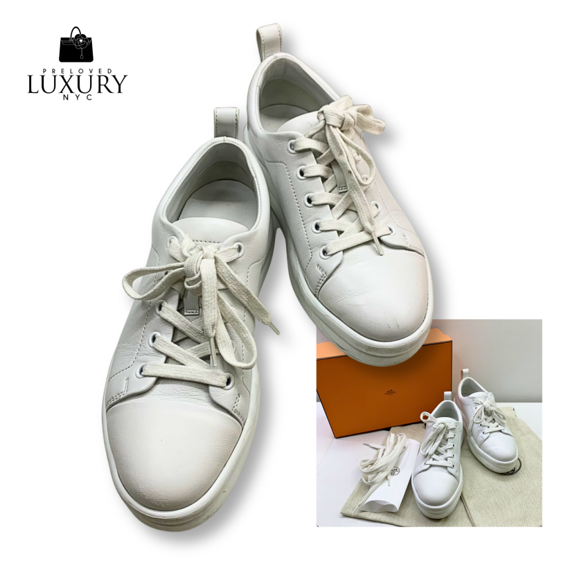 HERMES Full White Leather Happy Sneakers S35.5 FITS 5