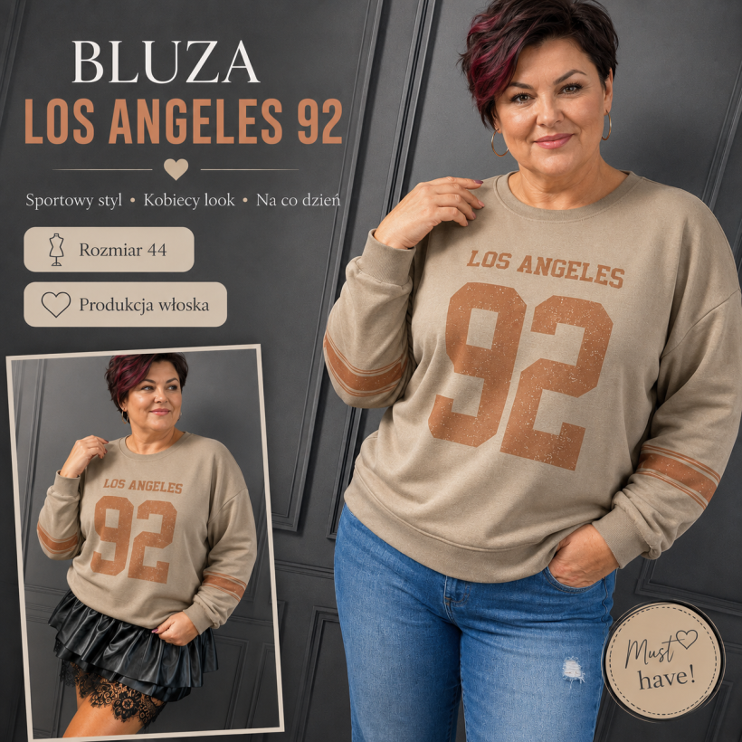 Bluza damska oversize Los Angeles 92 z wiskozą beżowa – produkcja włoska
