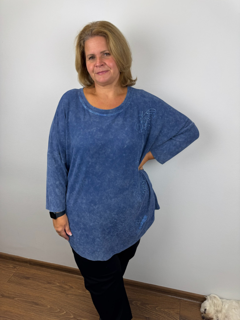 Bluzka prążkowa cyrkoniowe motyle, dekatyzowana - oc - 27026 - jeans