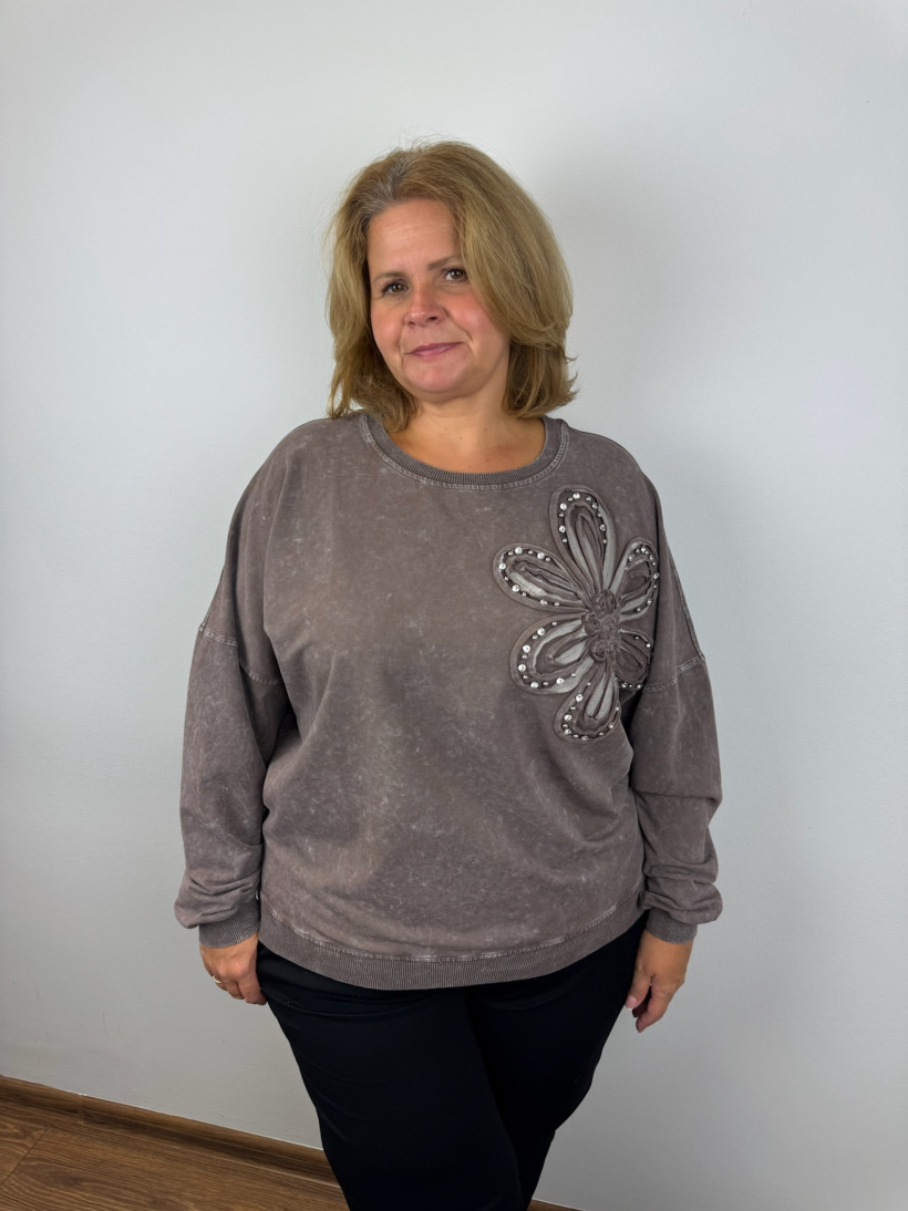 Bluza z kwiatem, dekatyzowana - fs - 40391 - czekolada