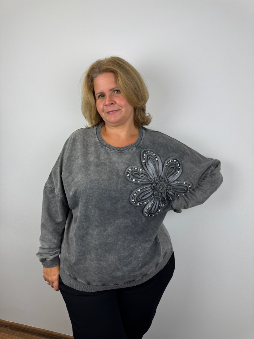Bluza z kwiatem, dekatyzowana - fs - 40391 - popiel