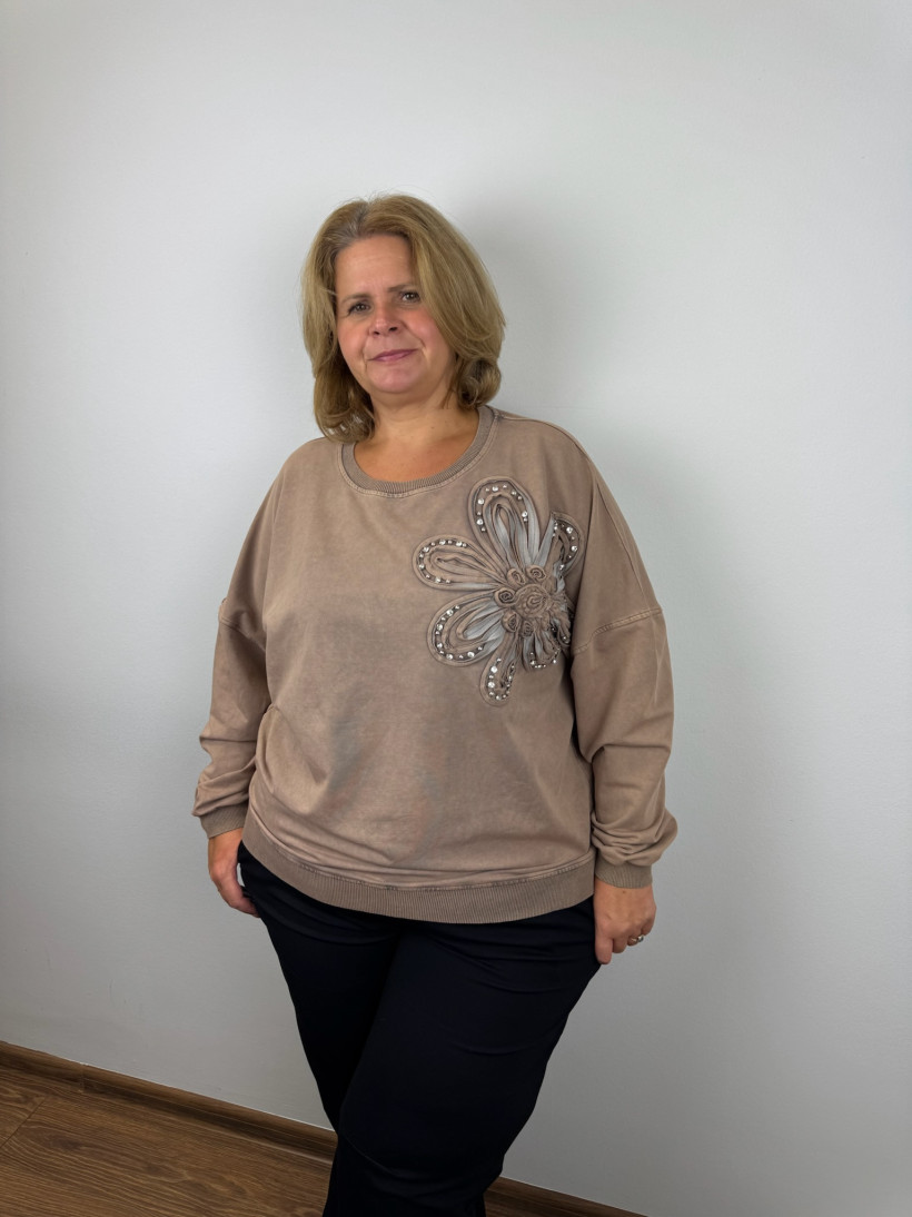 Bluza z kwiatem, dekatyzowana - fs - 40391 - karmel