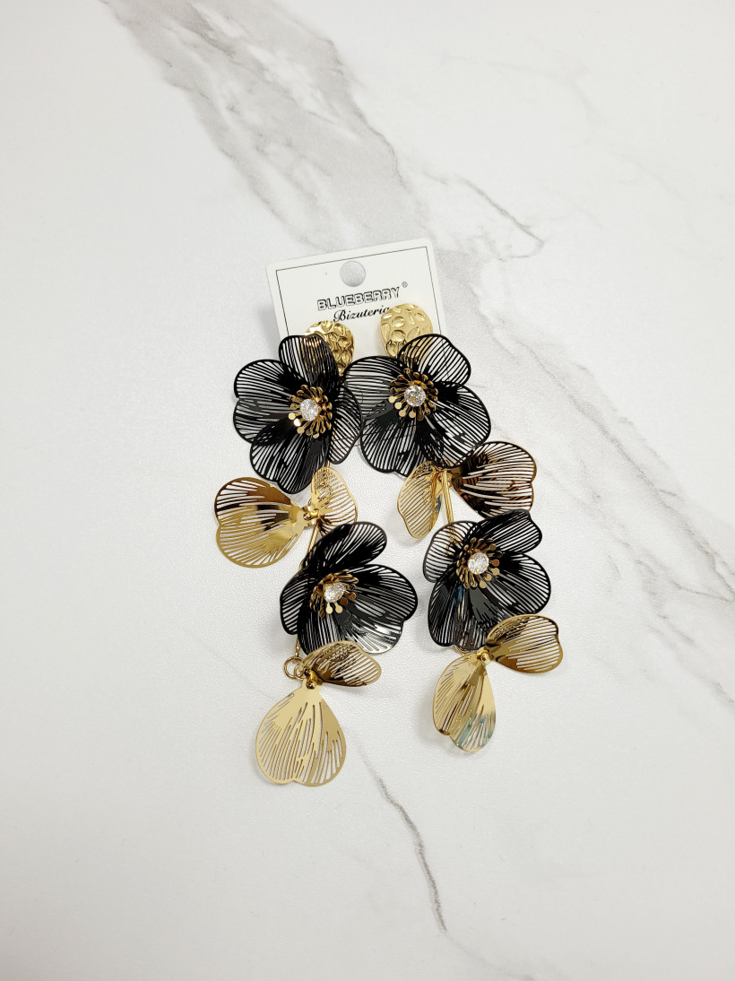 Kolczyki duże kwiaty złoto czarne  kk261