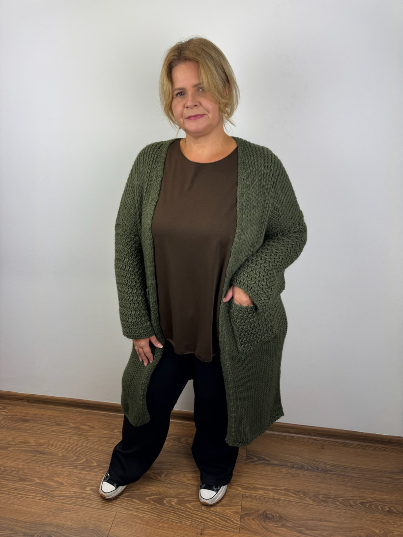 Italia nr IV - Sweter/Kartigan jednoklorowy z kieszeniami - 25289 - khaki