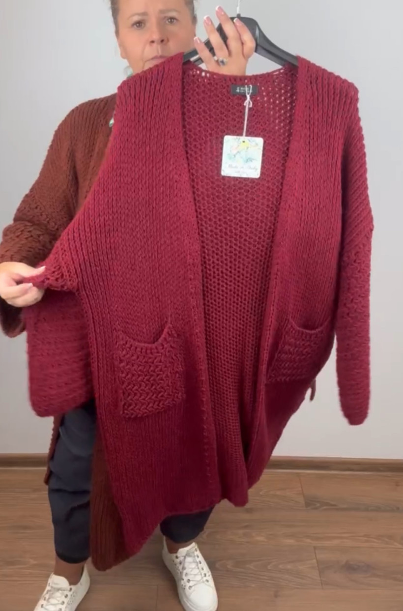 Italia nr IV - Sweter/Kartigan jednoklorowy z kieszeniami - 25289 - bordo