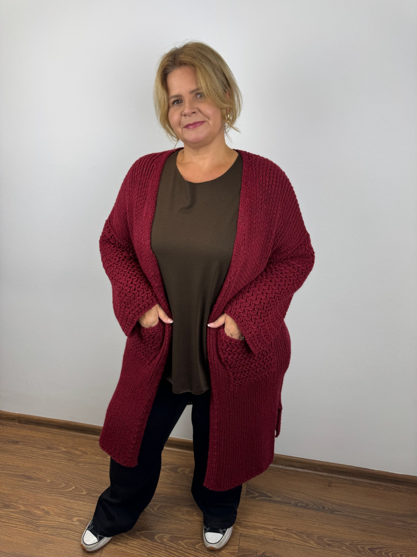 Italia nr IV - Sweter/Kartigan jednoklorowy z kieszeniami - 25289 - bordo