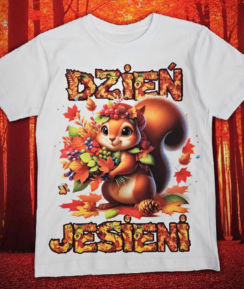 T-shirt bawełna biały dzień jesieni wiewiórka