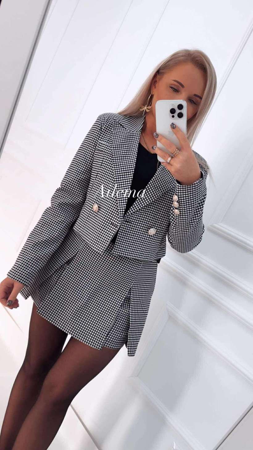 Komplet pepitka kk402 krótka marynarka i spódnico-spodenki z rozcięciami