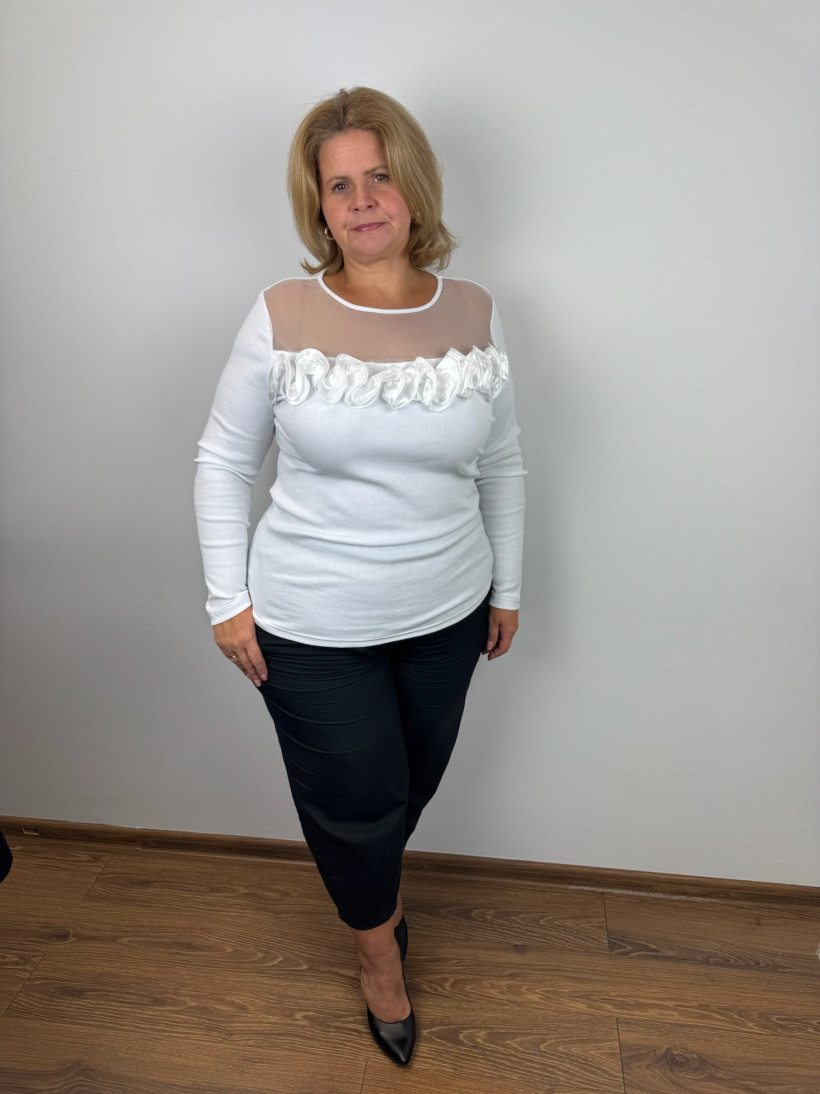 Bluzka prążkowa transparentny dekold, ozdobna tasiemka - myzem - 255 - biała