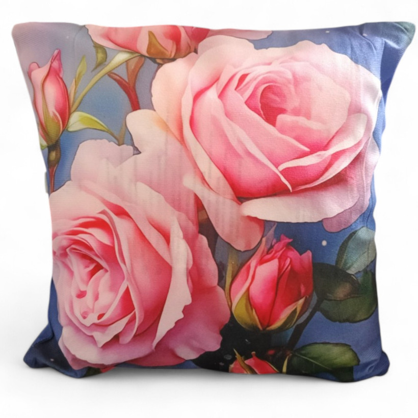 Poszewka 40x40cm różowe róże na niebieskim tle