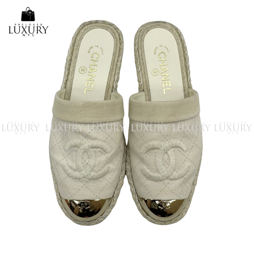 G38699 CHANEL Beige Canvas Shoes Slip On Size 36