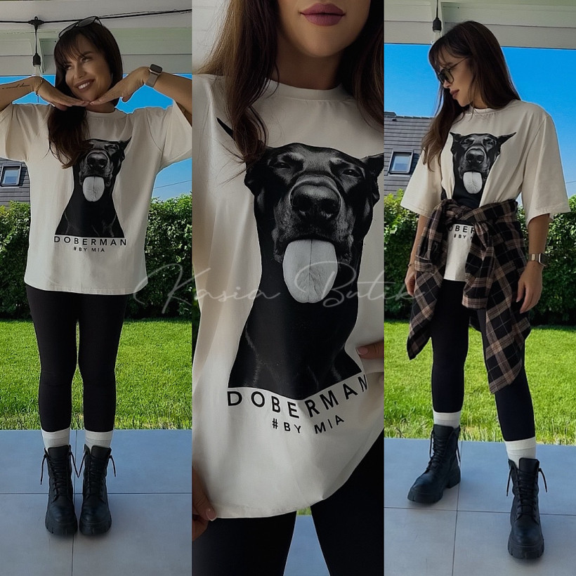 T-shirt Bawełniany Doberman By Mia Vaniliowy