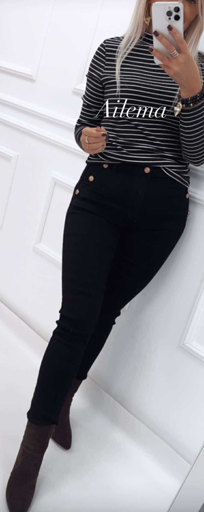 Jeansy Re-dress RE300E czarne ozdobne guziki