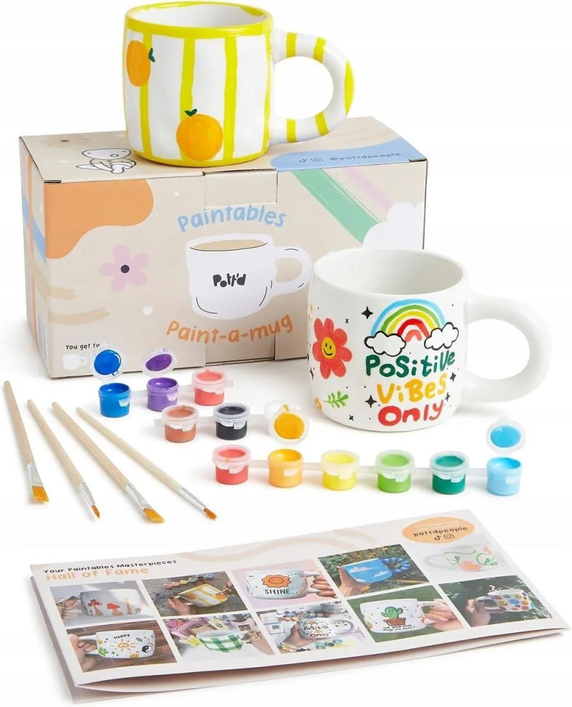 Zestaw Pott’d DIY 2 kubki ceramiczne do malowania 12 farb i pędzli
