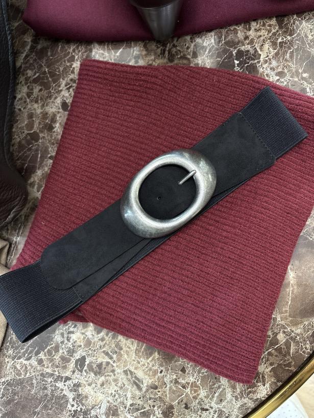 PASEK GUMKA SZEROKI KLAMRA CZARNO SREBRNY