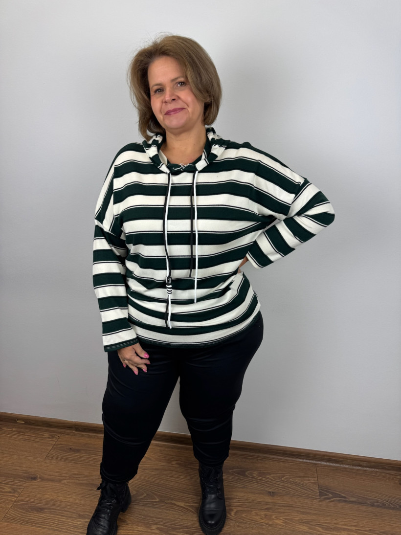 Italia nr.V - Bluza sweterkowa w paski z kapturem - 12900 - butelkowa zieleń