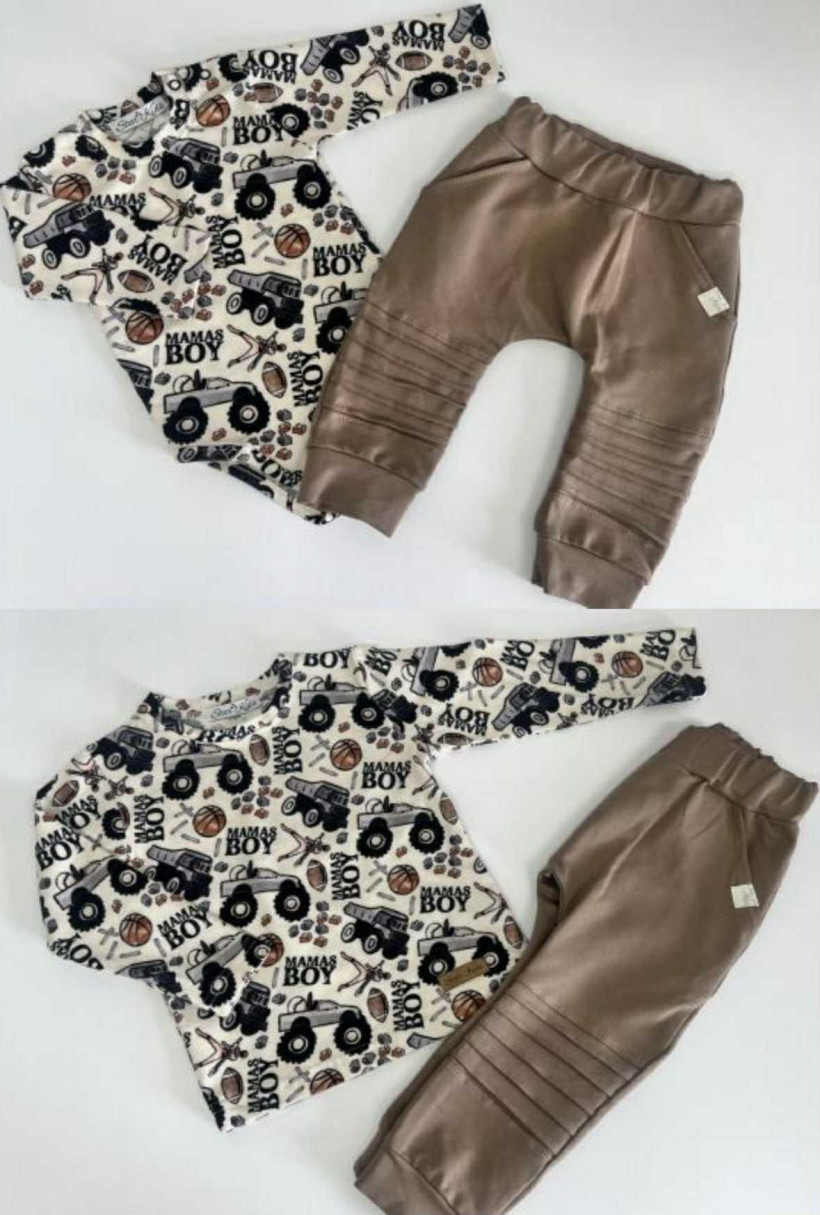 KOMPLET BODY(68-86)/BLUZKA (92-122) MAMAS BOY + SPODNIE BEŻOWE STAR KIDS