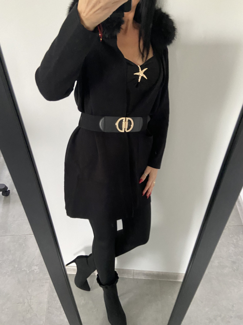 Kardigan 36 płaszcz z kapturem futerko + pasek