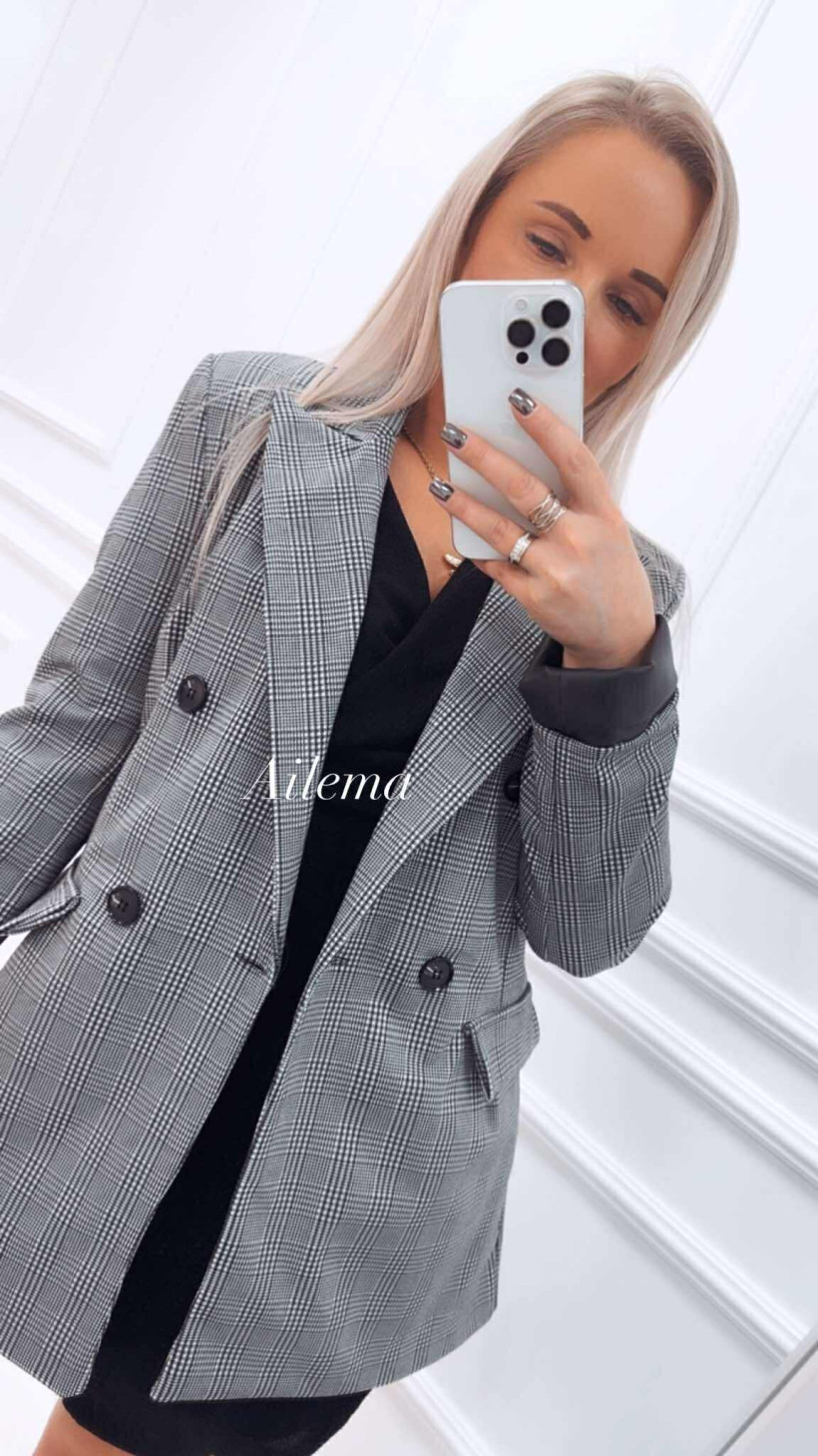 Marynarka kk707 popielata kratka mankiet ekoskórka