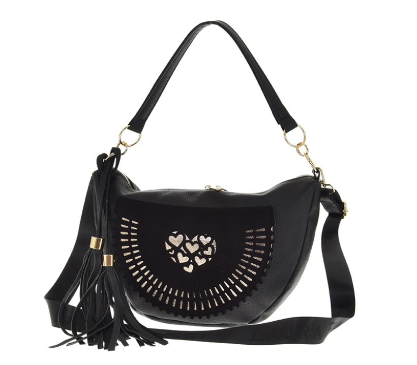 TOREBKA LAURA BIAGGI EKO SKÓRA CZARNA Z EKO ZAMSZEM Z CHWOSTAMI A547