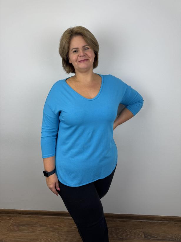 Italia nr V - Tunika jednokolorowa w serek, rękaw 3/4 - 21152 - niebieska