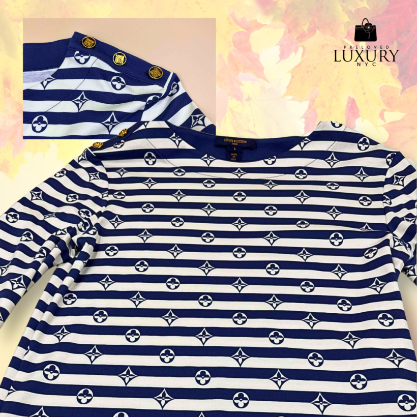 LV Long cut and sewn striped top, CA36929, size L, cotton, blue and white