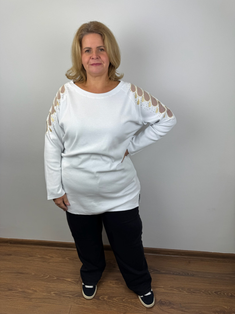 Tunika prążkowa jednokolorowa transparentna ozdoba ramion - myzem - 354- biała