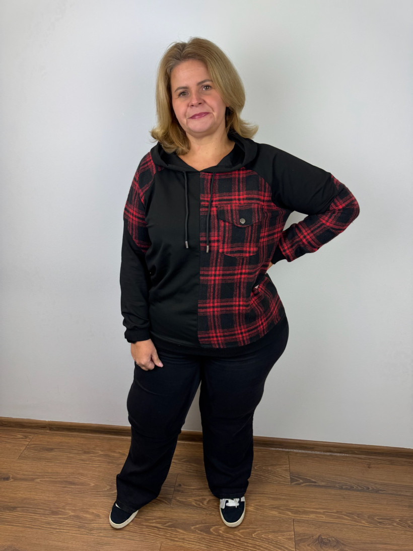 Bluza z kapturem w kratę czarno-czerwona - myzem - rozm.48 - 7842