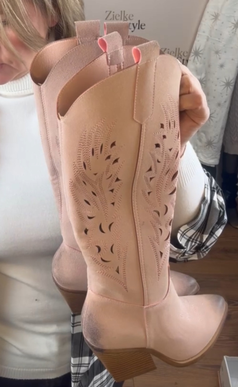 Kozaki kowbojki ażurowe - martin - rozm.36/37  - 13055 - pudrowe