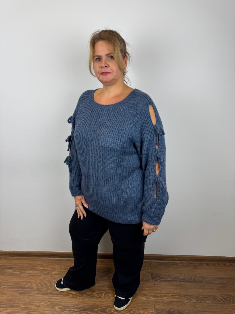 Italia nr V - Sweter jednokolorowy, wiązane rękawy - 13062 - jeans
