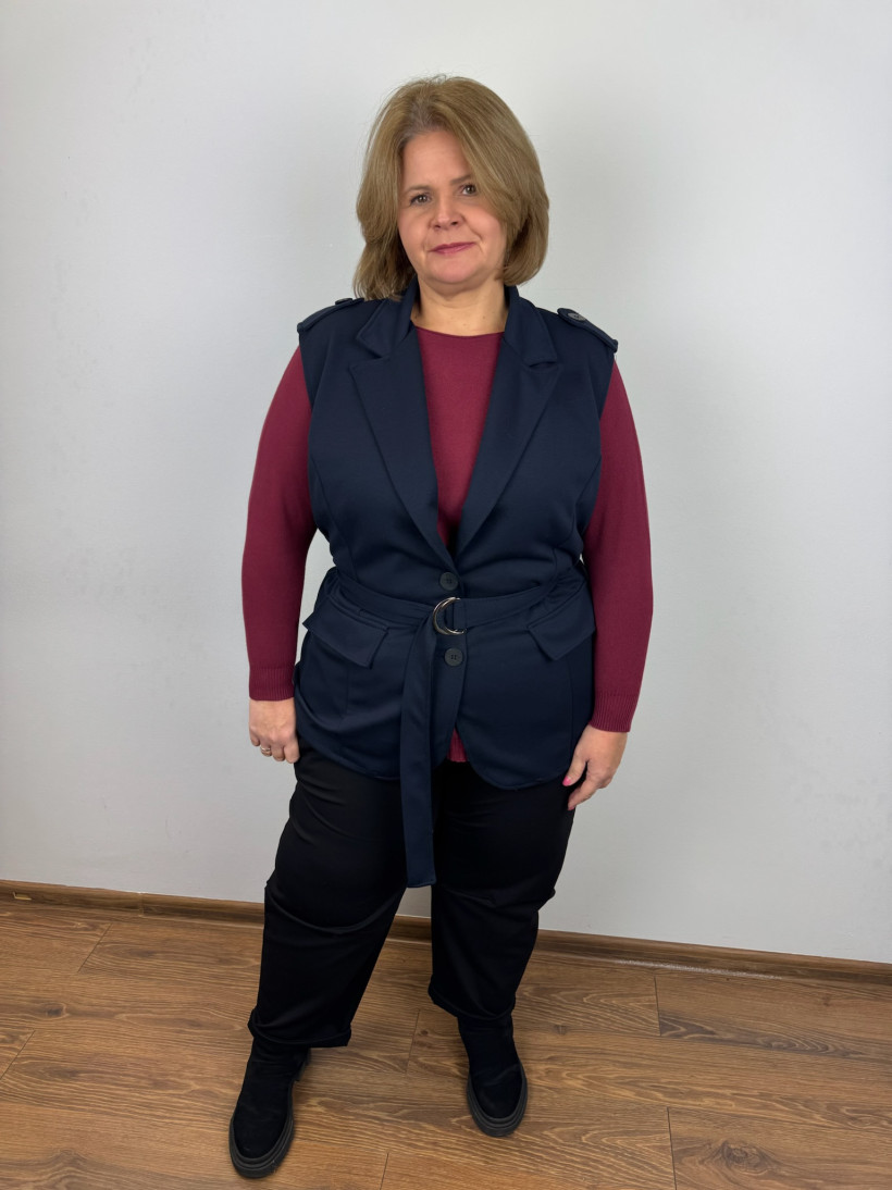 Italia nr V - Kamizelka zapinana na guziki z paskiem, jednokolorowa, pagony - 3907 - granat