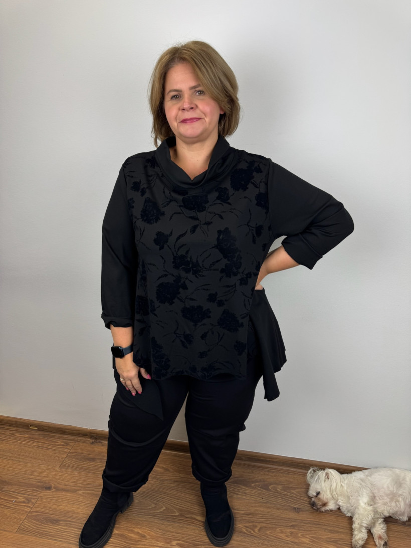 Italia nr V - Tunika przód krótszy, tłoczone czarne  kwiaty  - 51280 - czarna