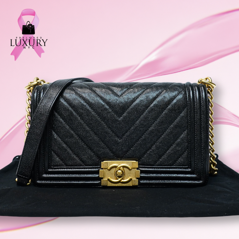 CHANEL CHEVRON BOY FLAP BLACK  QUILTED  CALFSKIN BAG