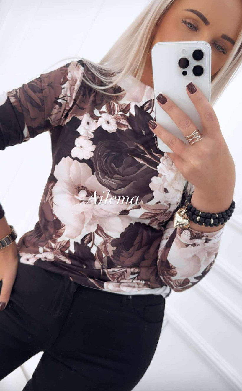 Bluza kk769 kwiaty czekoladowo czarno bezowe