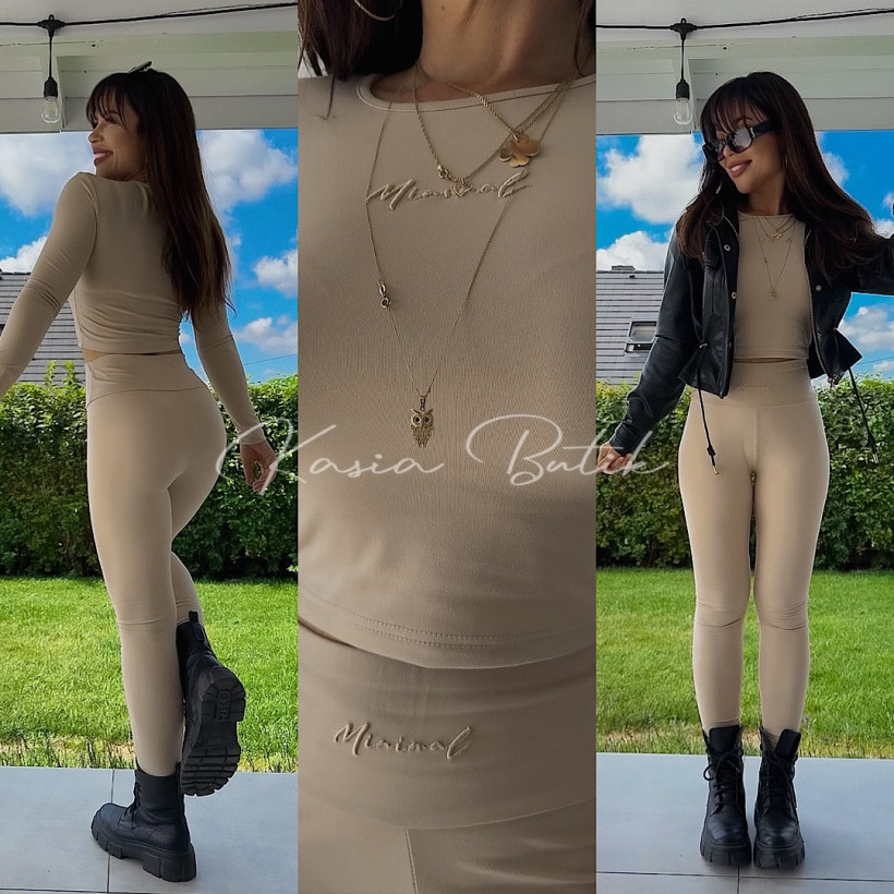 Komplet Bawełniany Minimal Basic Legginsy i Top Jasnobeżowy