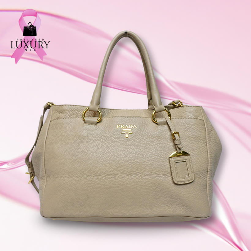 PRADA Handbag Leather Beige with Name Tag/Shoulder Strap B
