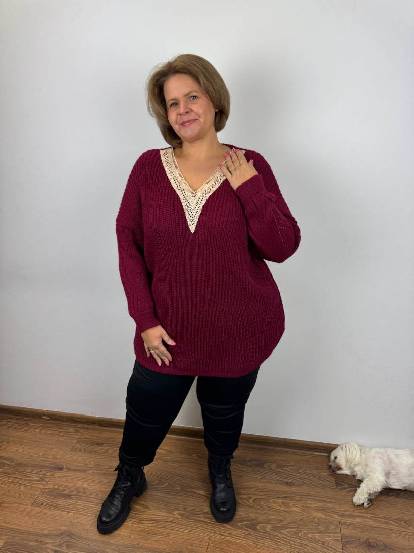 Italia nr V - Sweter w szpic z gipiury jednokolorowy - 3703 - bordo