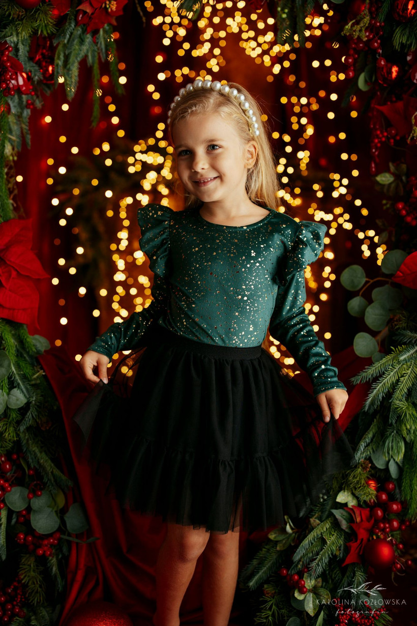 Dziewczęca Bluzka Welurowa Zielona Lily Grey ze Złotym Blaskiem