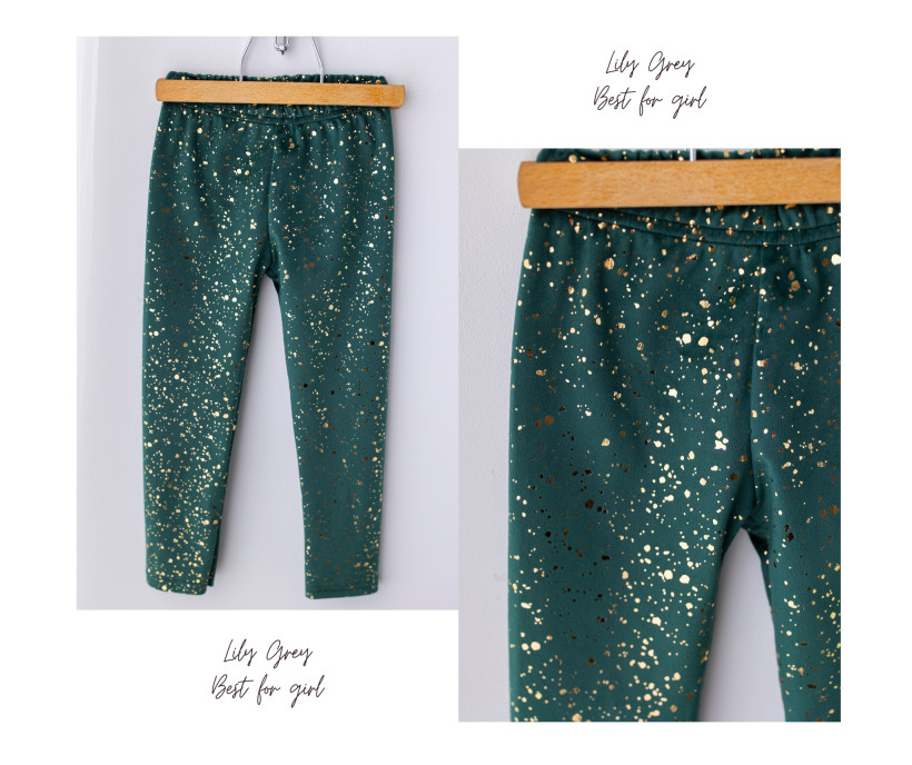 Welurowe Leginsy Lily Grey Zielone ze Złotymi Drobinkami