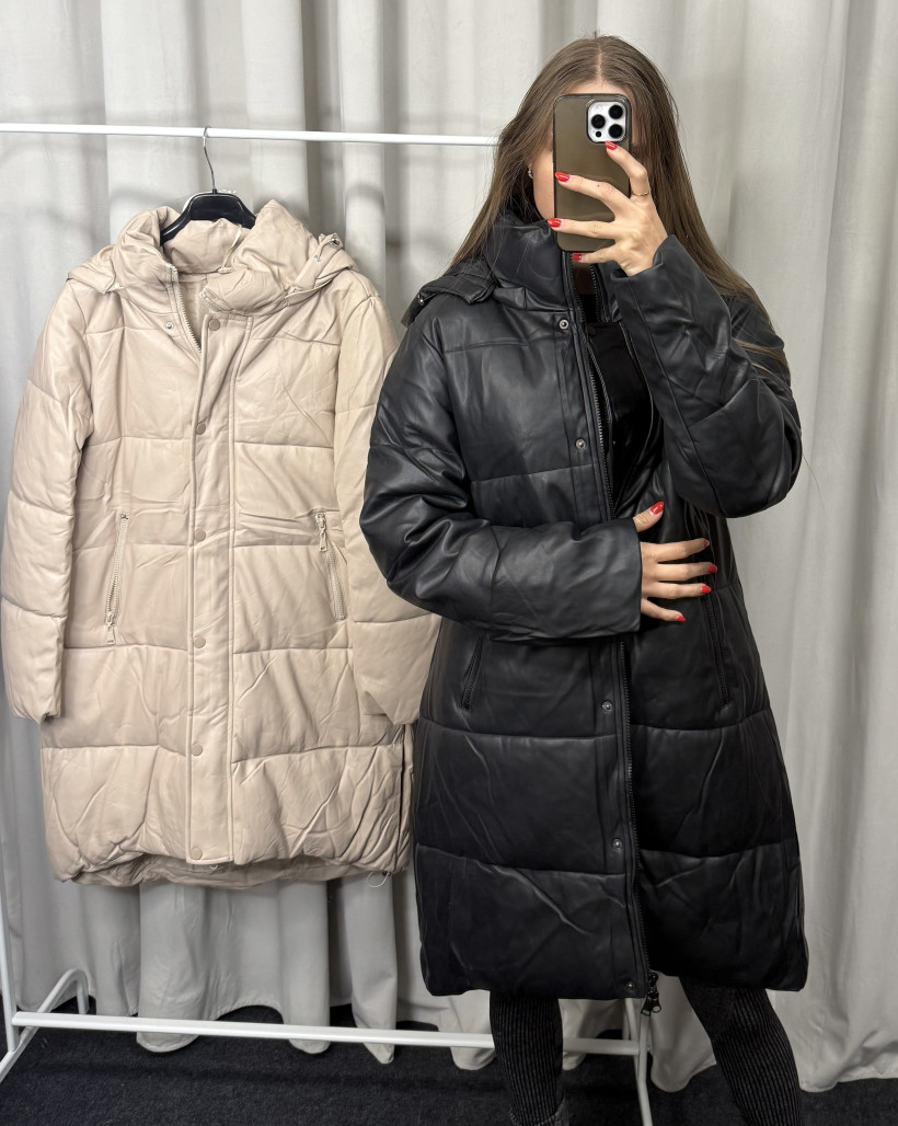 Kurtka dłuższa eko skórka puchowa z kapturem 