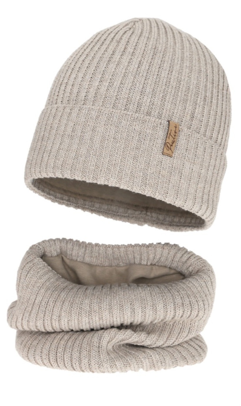 CZAPKA + KOMIN  ZIMOWY BEŻOWY Z WEŁNĄ MERINO podszyty bawełną 