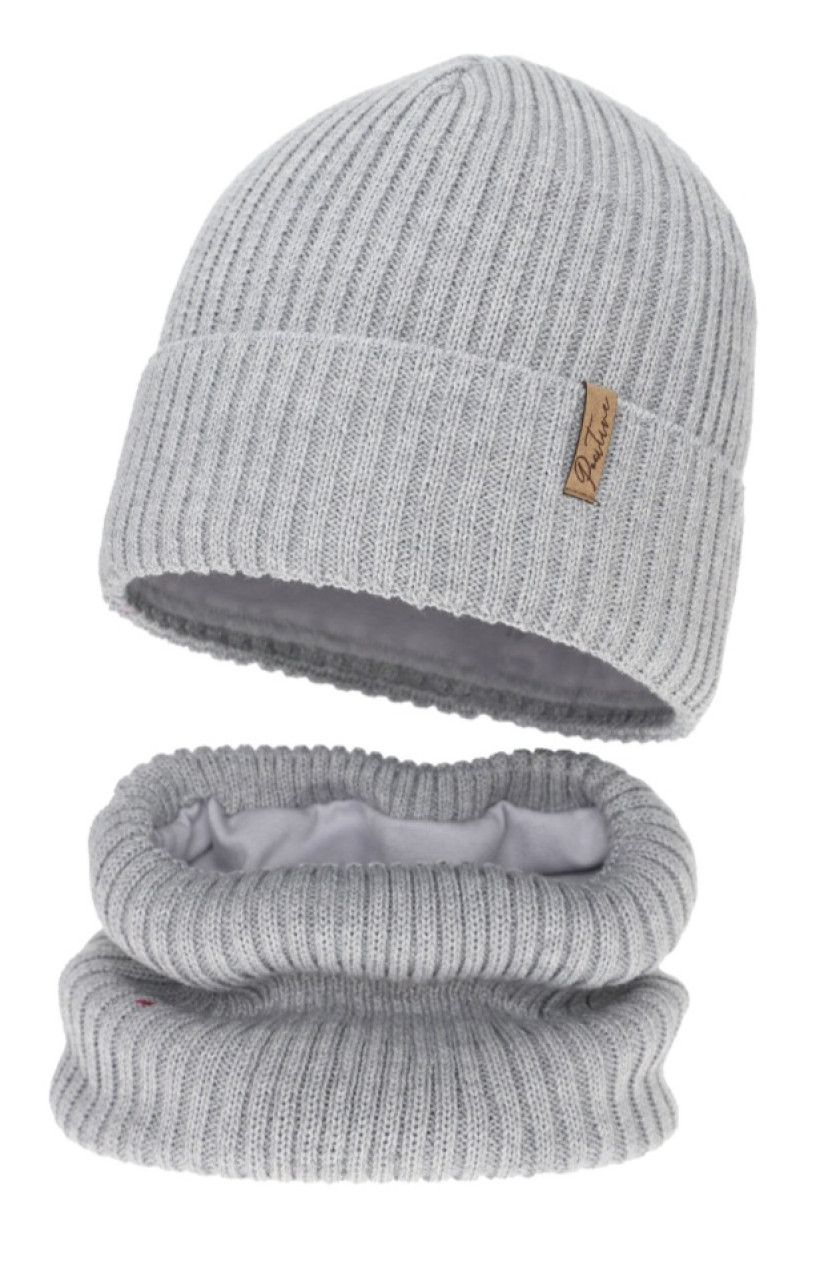 CZAPKA + KOMIN  ZIMOWY SZARY Z WEŁNĄ MERINO podszyty bawełną 