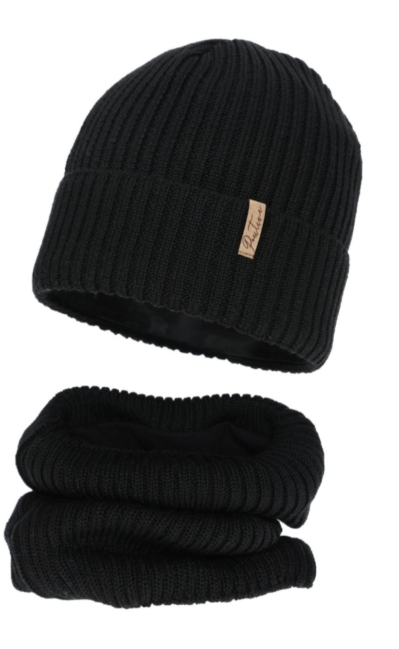 CZAPKA + KOMIN ZIMOWY CZARNY Z WEŁNĄ MERINO podszyty bawełną