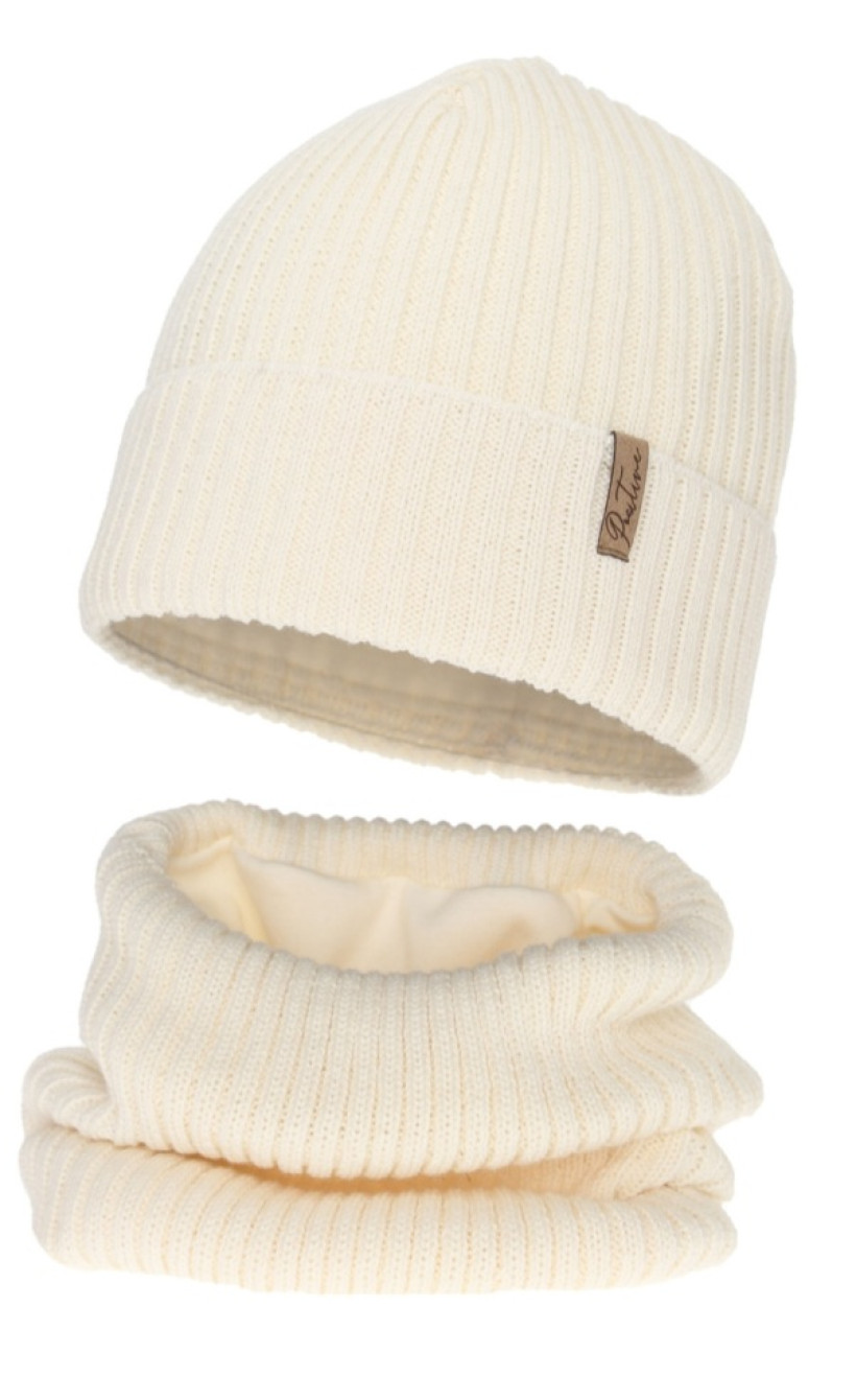 CZAPKA + KOMIN  ZIMOWY KREMOWY Z WEŁNĄ MERINO podszyty bawełną 