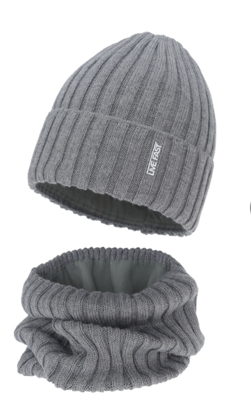 CZAPKA + KOMIN  ZIMOWY SZARY Z WEŁNĄ MERINO podszyty polarem 