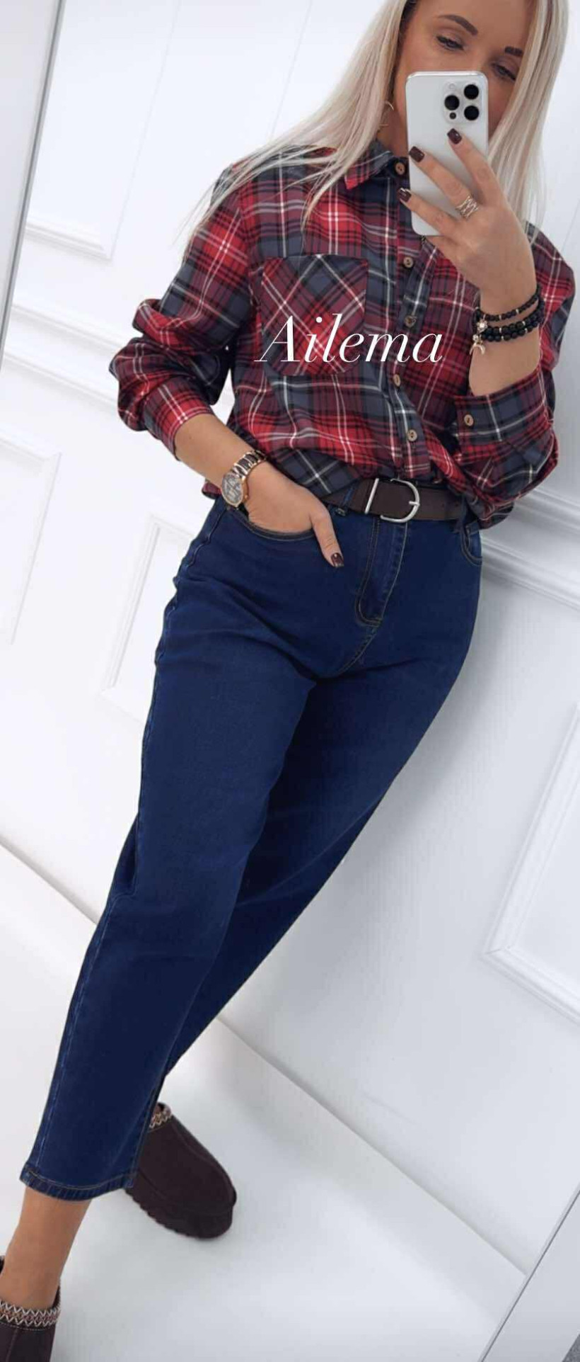 Jeansy M.Sara SK178 ciemny jeans, z paskiem