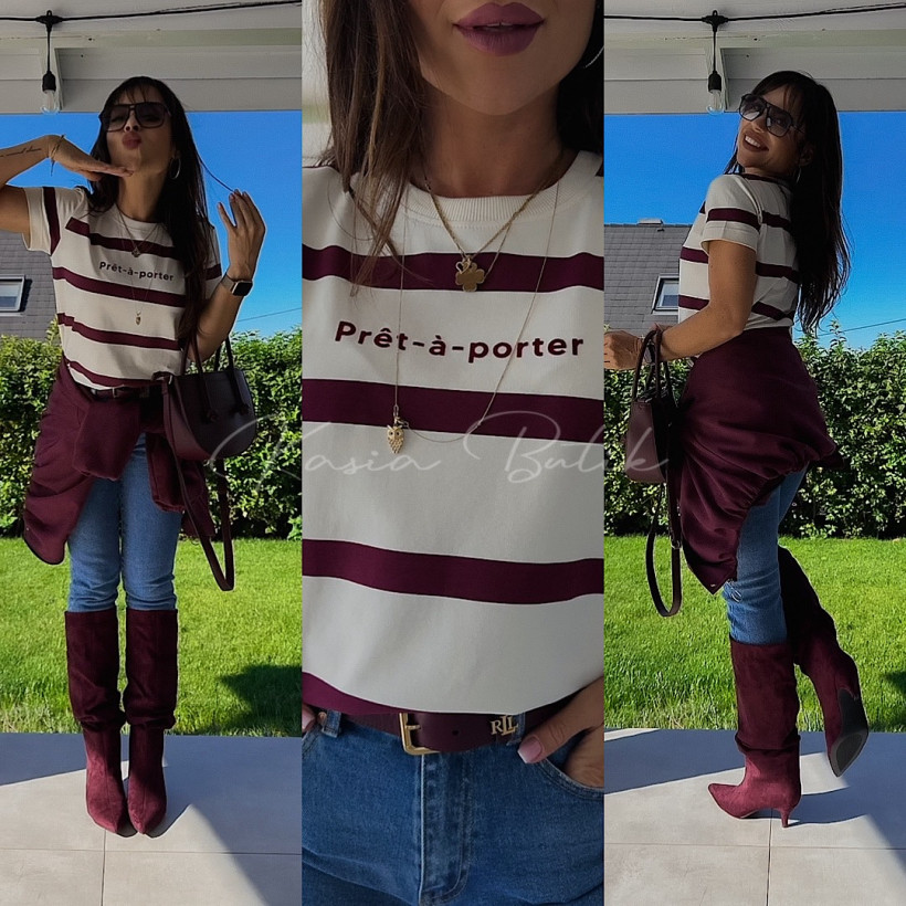 T-Shirt Bawełniany Pret-Aporter Vanilia&Bordo